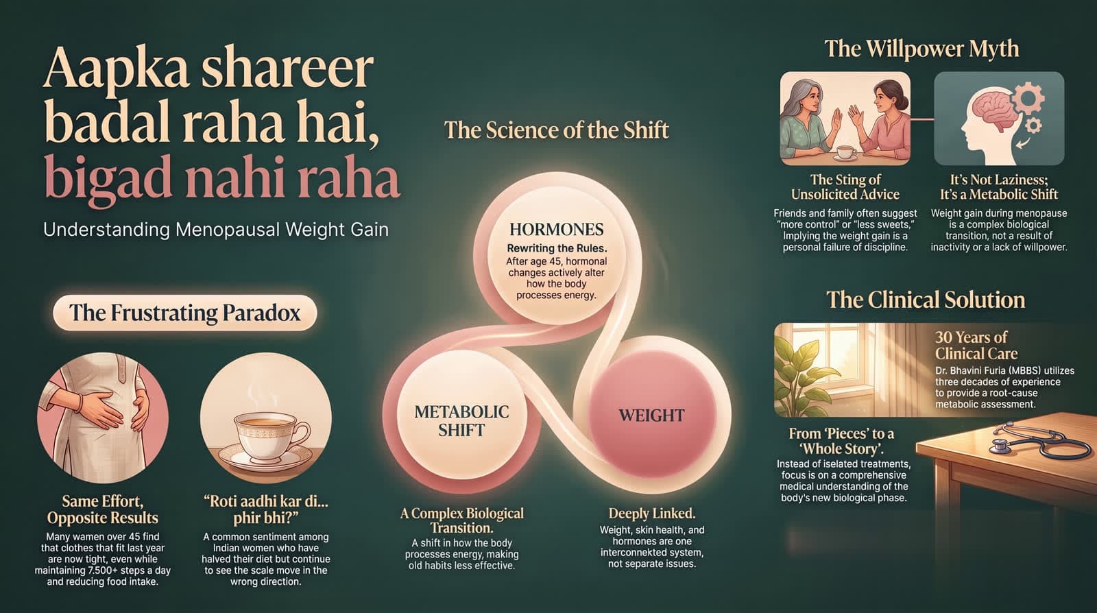 Infographic: hormones, metabolic shift and weight are one connected system after 45 — not a personal failure of discipline